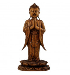 Standing Buddha Sstatue 40cm - Solid Wood Stained Carved Hand Mudra Anjali