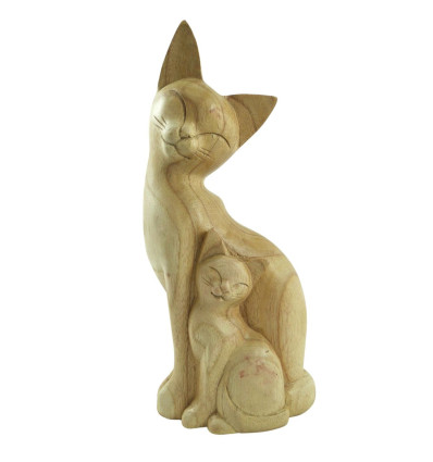 Statua di gatto e gattino in legno colorato intagliato a mano 32 cm