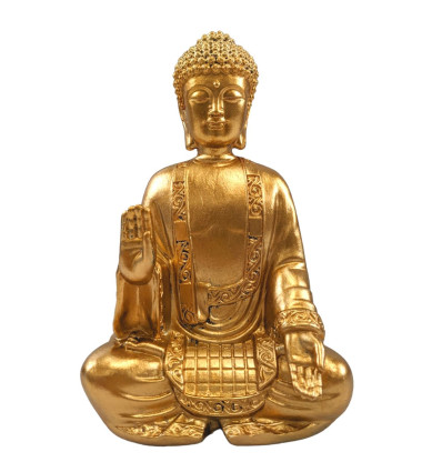 Statuetta Buddha Seduto Abhaya Mudra in resina dorata 20cm