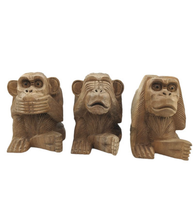 Les 3 singes de la sagesse 15cm. Statues en Bois Massif Naturel