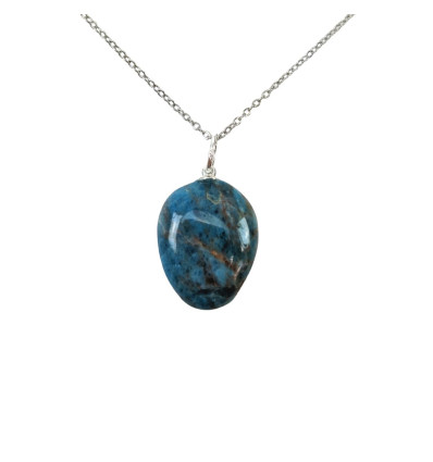 Collier Apatite bleue AAA - pendentif pierre roulée + chaîne argentée