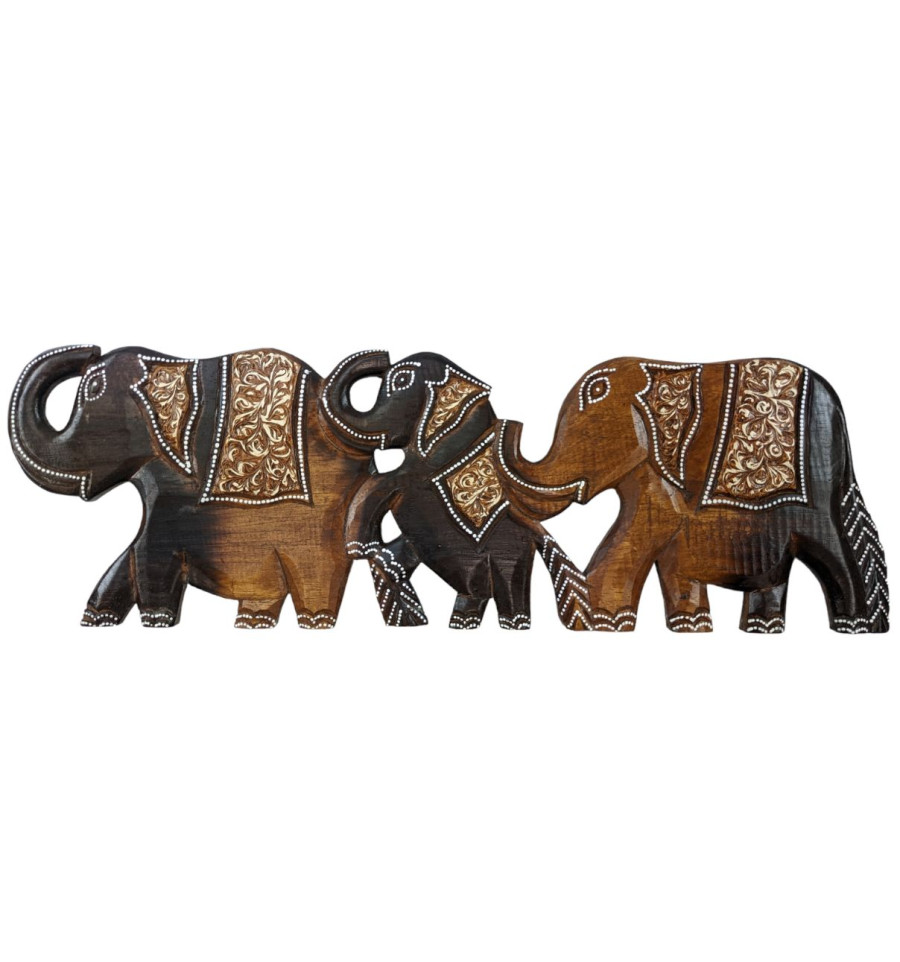 Frise Murale en Bois 50cm Sculptée Main Famille d'éléphants