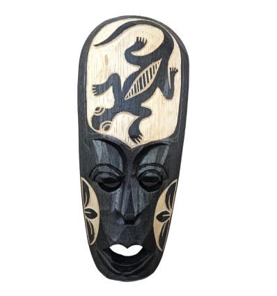 Maschera africana incisa salamandra in legno nero. Decorazione africana online.