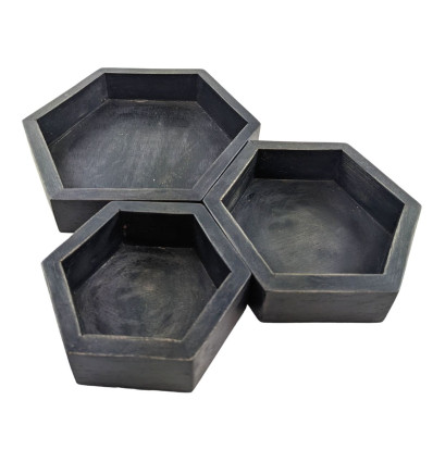 Set of 3 presentation trays for jewelry - Hexagonal displays in white wooden cerusé
