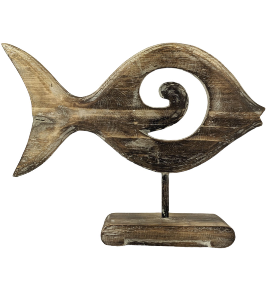 Fish on Patinated Wooden Base Brown Cerusé Spiral Pattern 40cm