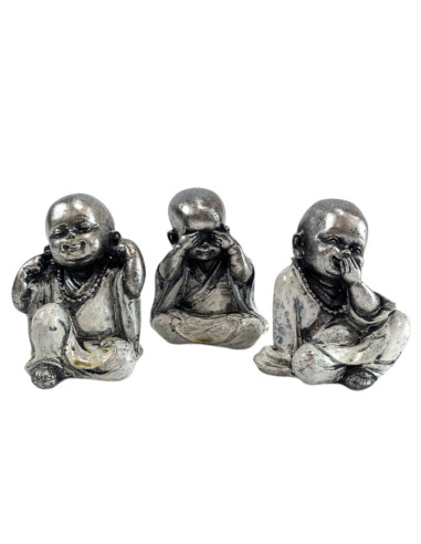 Les 3 statuettes Bébés Moines Bouddhistes finition Argentée 9 cm