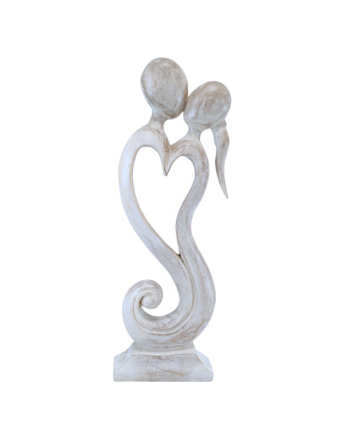 Large statue of a couple entwined heart h50cm wood patina white