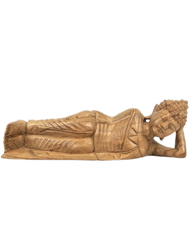 Statua Buddha sdraiato 30cm in legno esotico grezzo. Decorazione Zen.