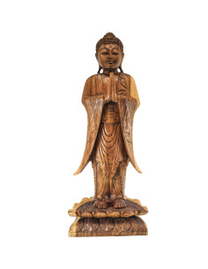 Sculpture artisanale Bouddha debout 100cm en Bois de Suar teinte naturelle