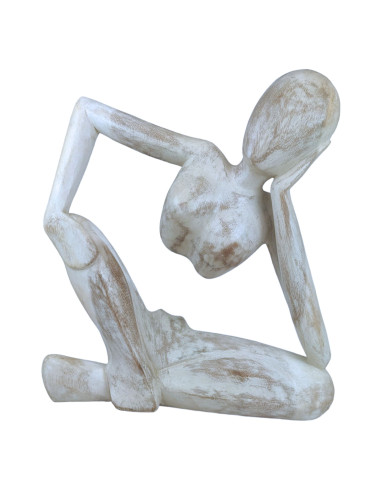 Statue abstraite "Le Penseur" 40cm en bois Blanc Cérusé