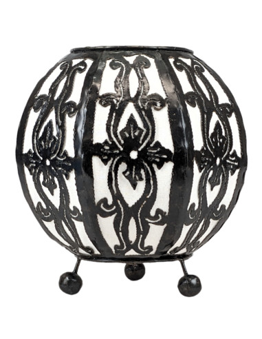 Lampada da comodino stile lanterna marocchina in ferro battuto nero e tessuto bianco ⌀15cm. Da equipaggiare