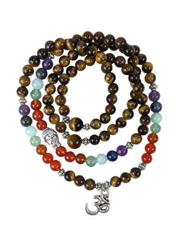 Bracelet multirang 7 chakras - Mala tibétain en oeil de tigre et pierres fines + symbole Ôm