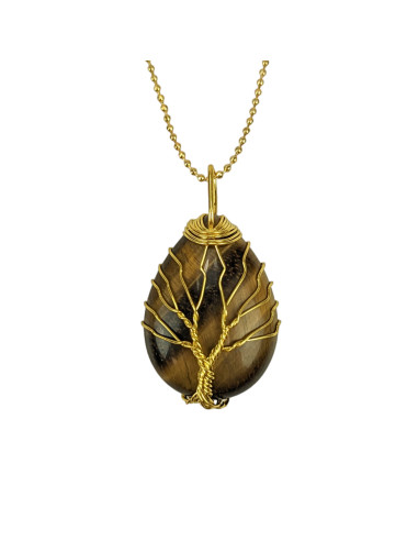 pendentif goutte Arbre de vie en Oeil de Tigre sur fond blanc