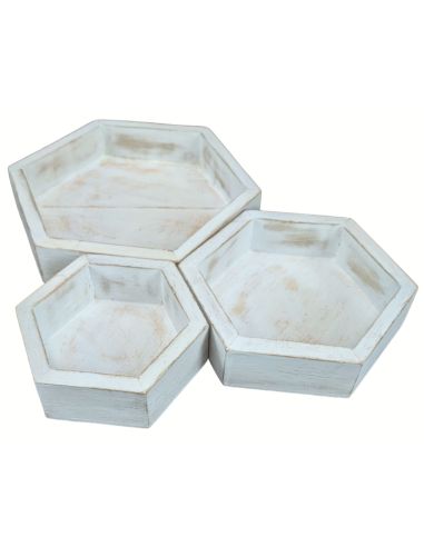 Set de 3 plateaux de présentation pour bijoux - Présentoirs hexagonaux gigognes en bois blanc cérusé