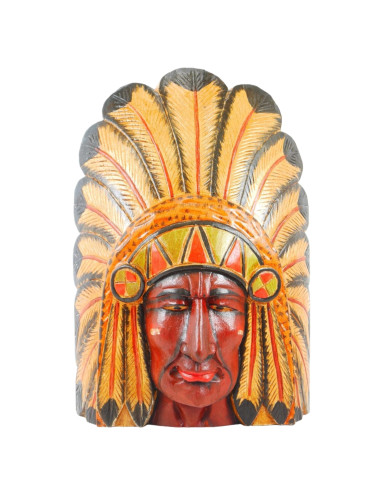 Grand masque de chef indien américain avec coiffe de plumes - bois peint 50cm