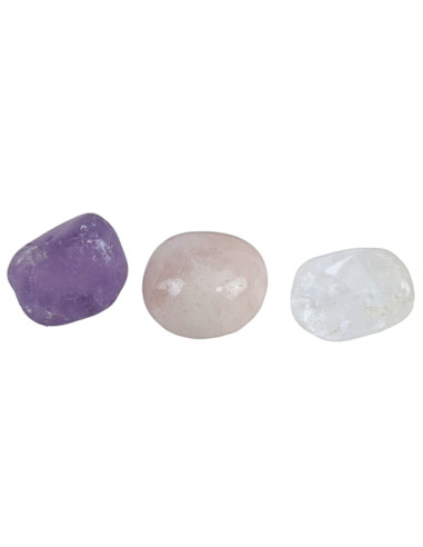 Set of 3 small rolled stones "Golden Triangle" - Amethyst, Rose Quartz, Rock Crystal