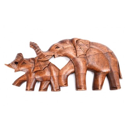 Wall decoration "Mother and baby elephants" 32cm in carved exotic wood